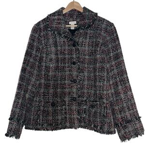Chico's Tweed Frayed Blazer Jacket Size XL Multicolor Jeweled Button Office